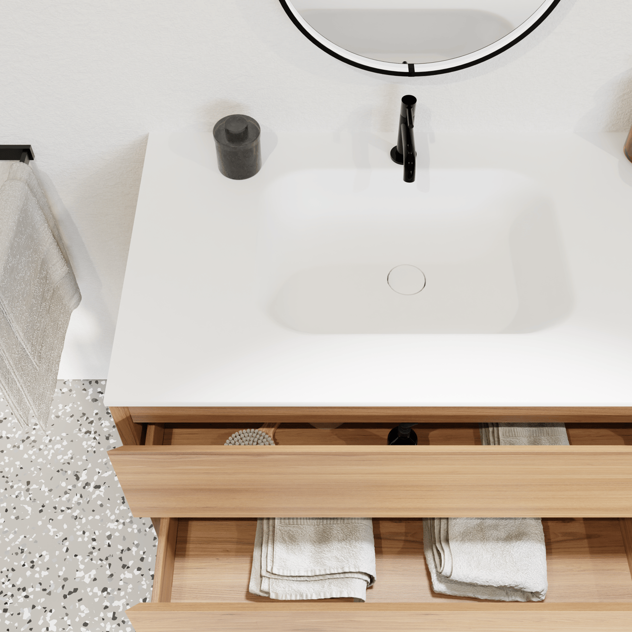 Balmani Mitra meuble salle de bains suspendu 180 x 55 cm teck avec Tablo Arcato double vasque en solid surface blanc mat
