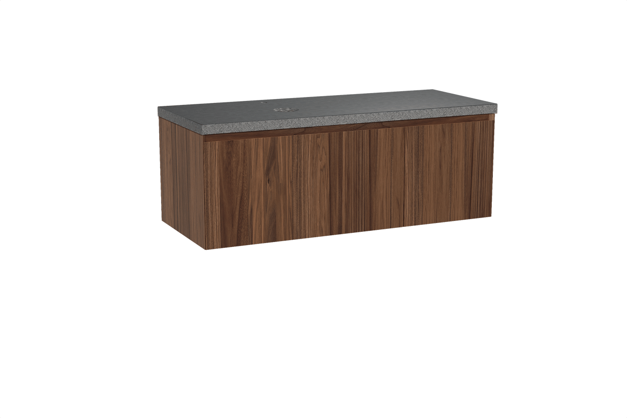 Balmani Idra hängendes Möbelstück Set: 135 x 55 cm, Nussbaum, mit Rock Waschtisch links, Schwarzes Granit