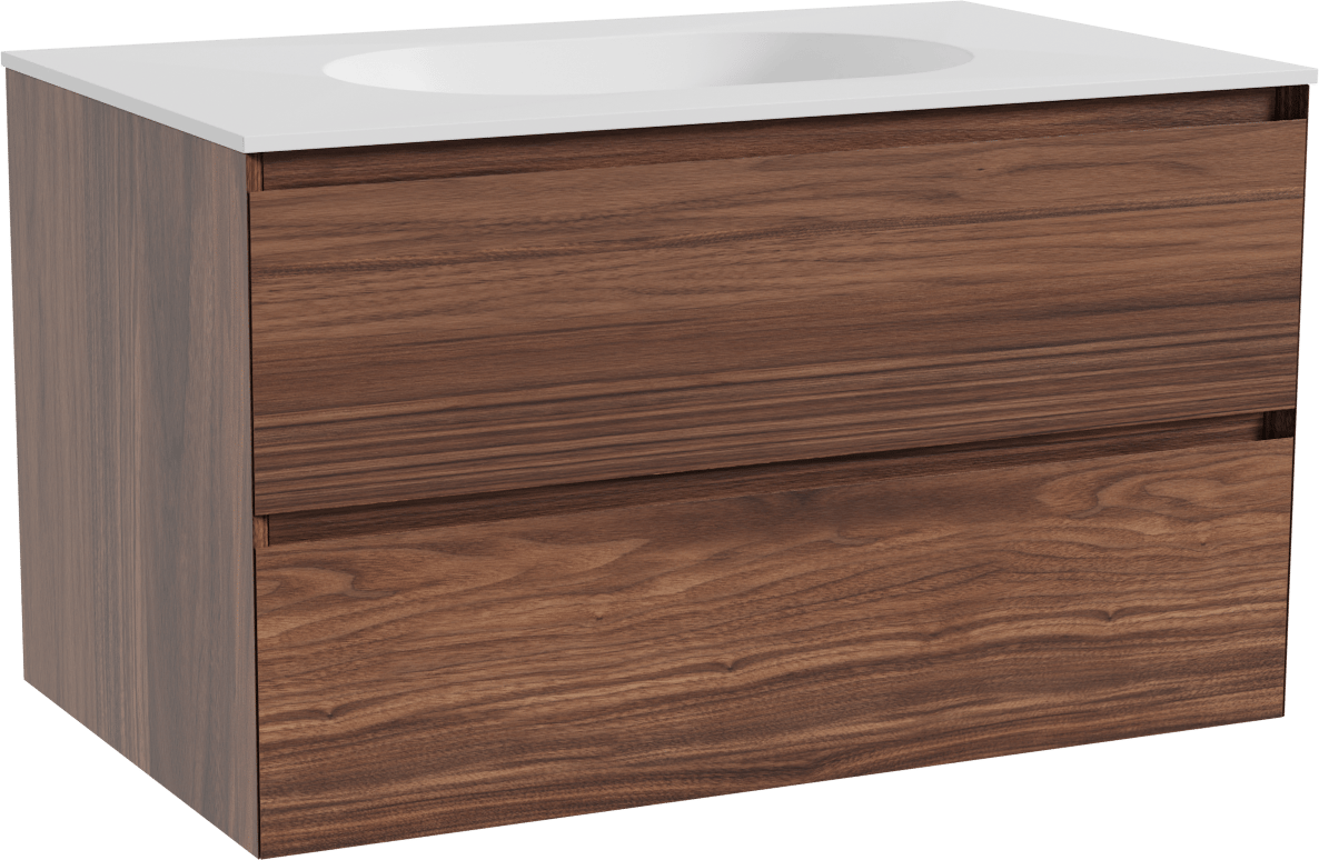 Balmani Mitra meuble salle de bains suspendu 90 x 55 cm noyer avec Tablo Oval plan simple en solid surface blanc mat