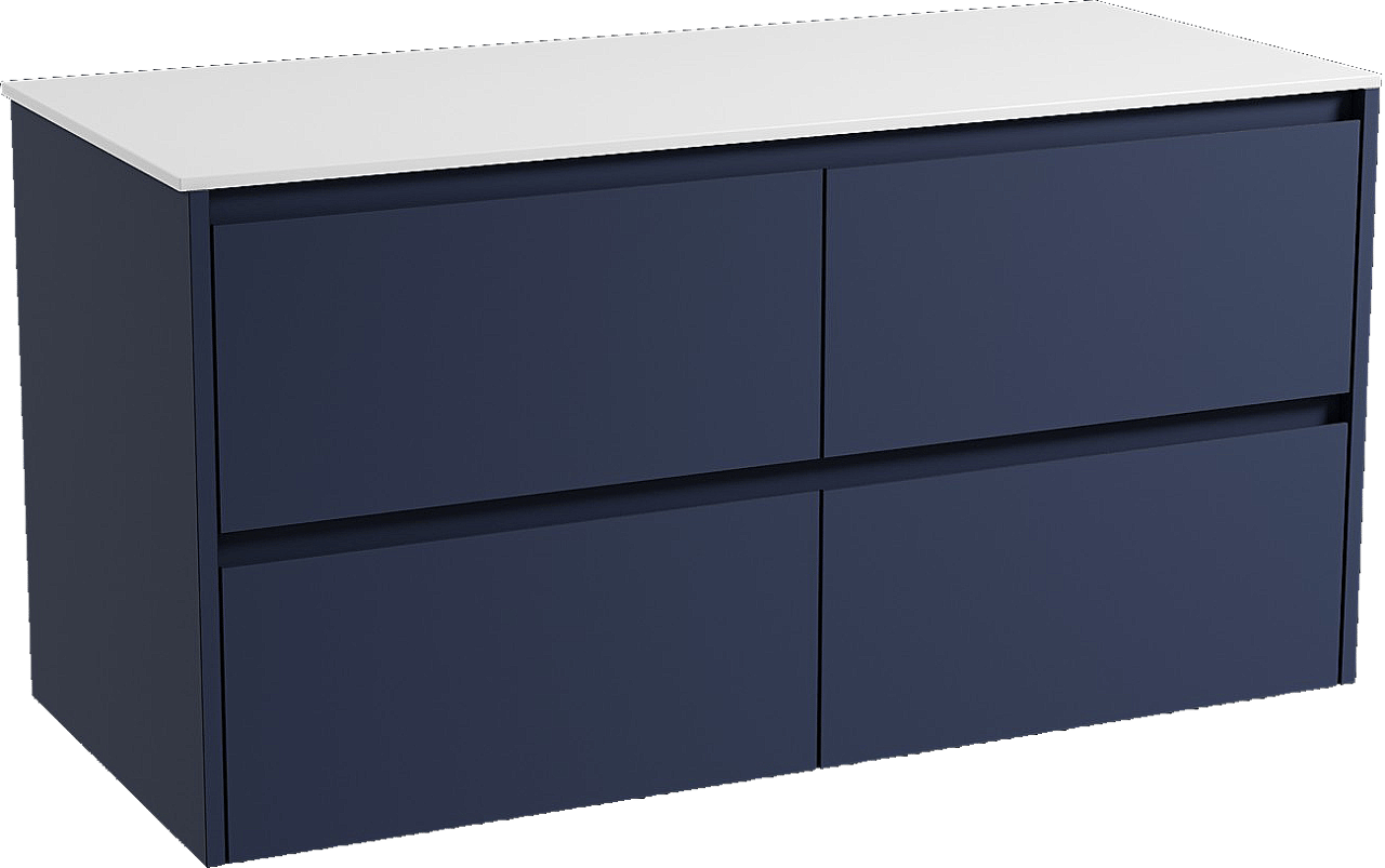 Storke Seda meuble salle de bains suspendu 120 x 52 cm bleu nuit avec Tavola tablette simple ou double en solid surface blanc mat