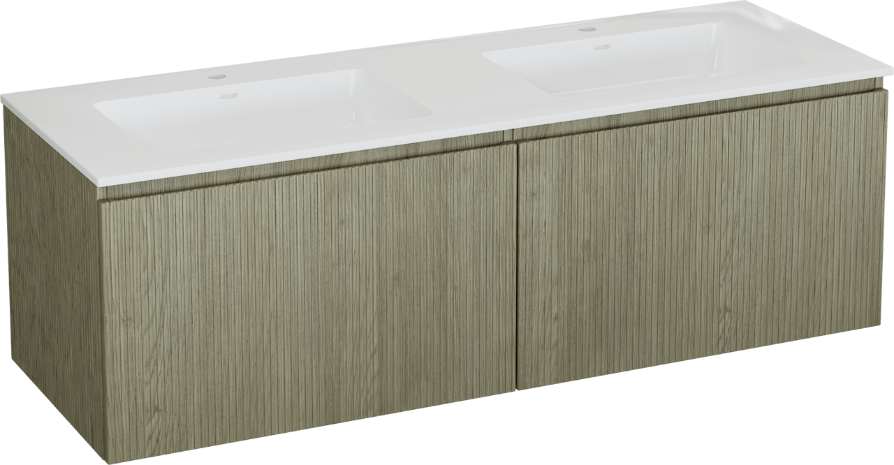 Storke Ribs meuble salle de bains suspendu 150 x 52 cm chêne brut avec Bilia double vasque en marbre composite blanc brillant, Nervure droite symétrique verticale