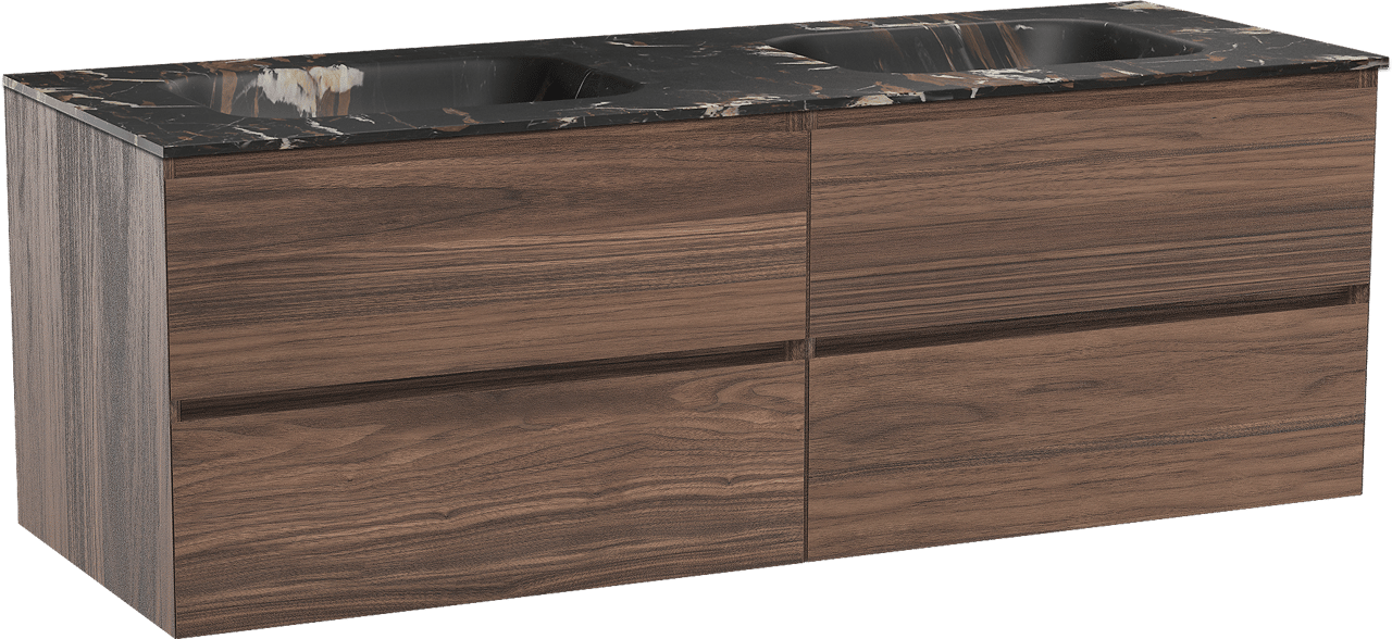 Balmani Mitra zwevend badmeubel 150 x 55 cm notenhout met Tablo Arcato dubbele wastafel in marmer portoro gold