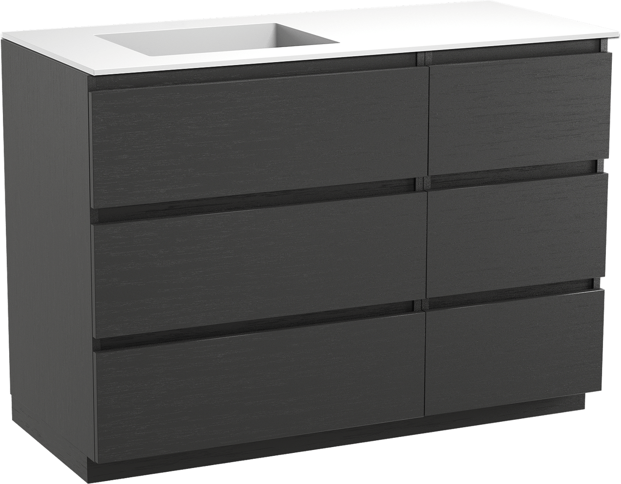 Balmani Lucida freistehendes Möbelstück Set: 120 x 55 cm, Schwarze Eiche, mit Tablo Stretto Waschtisch links, Solid Surface Weiß matt