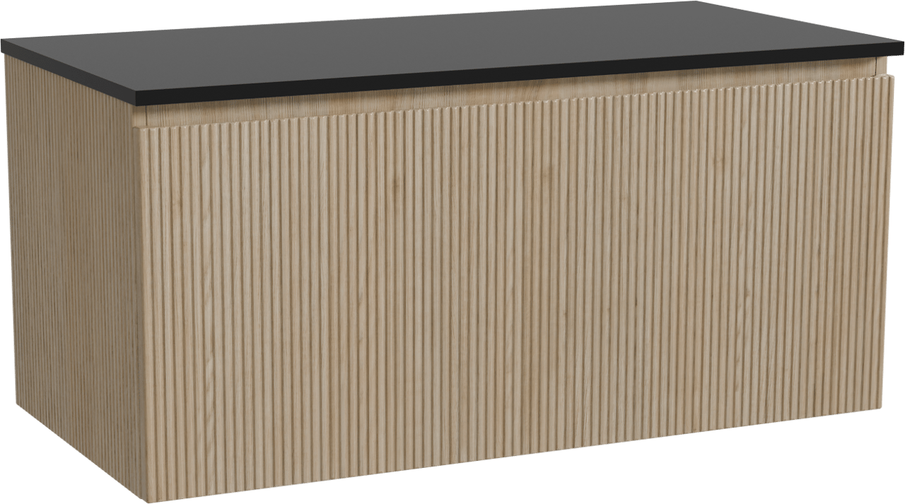 Storke Ribs hängendes Möbelstück Set: 105 x 52 cm, Rohe Eiche, mit Panton Einzel Waschtischplatte, Pulverbeschichtetes MDF, Schwarz matt, Vertikale symmetrische gerade Rippe