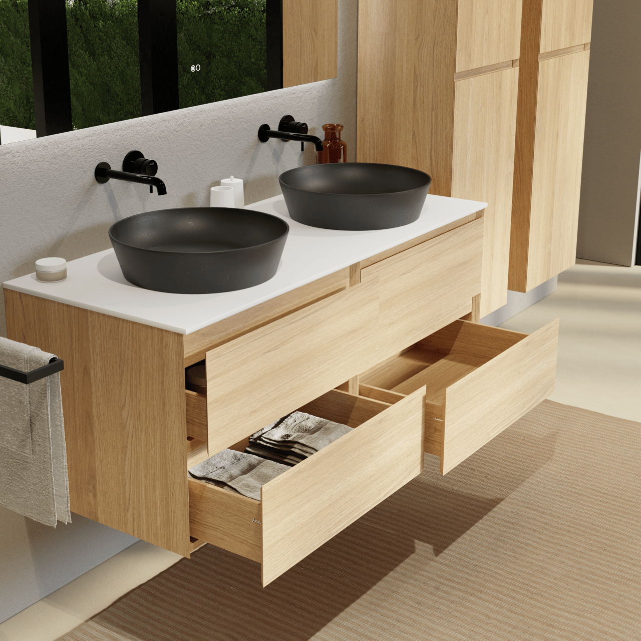 Balmani Mitra zwevend badmeubel 135 x 55 cm naturel eiken met Stretto enkel of dubbel wastafelblad in solid surface mat wit