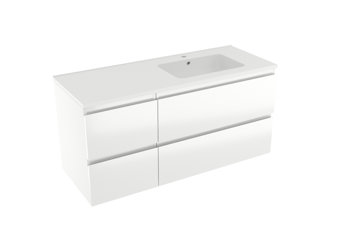 Linie Lado hängendes Möbelstück Set: 120 x 46 cm, Weiß glänzend, mit Vano Waschtisch rechts, Marmorkomposit Weiß matt