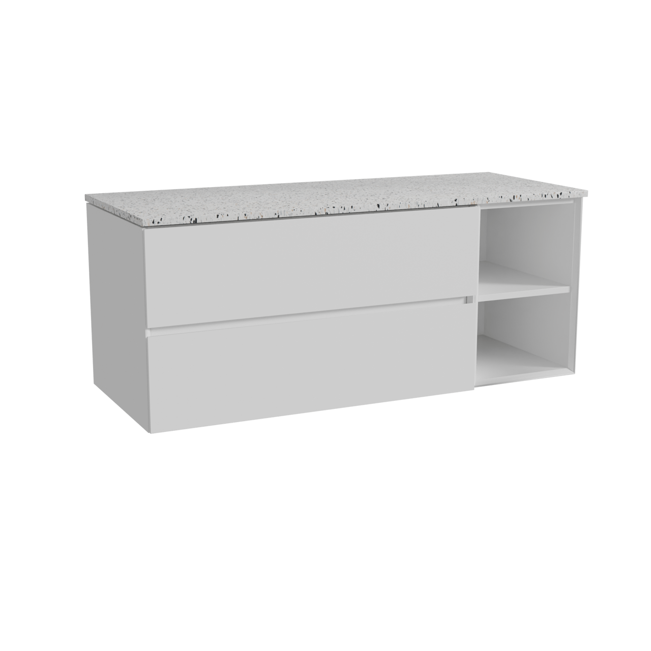 Storke Edge zwevend badmeubel 130 x 52 cm mat wit met Tavola enkel of dubbel wastafelblad in mat wit/zwart terrazzo