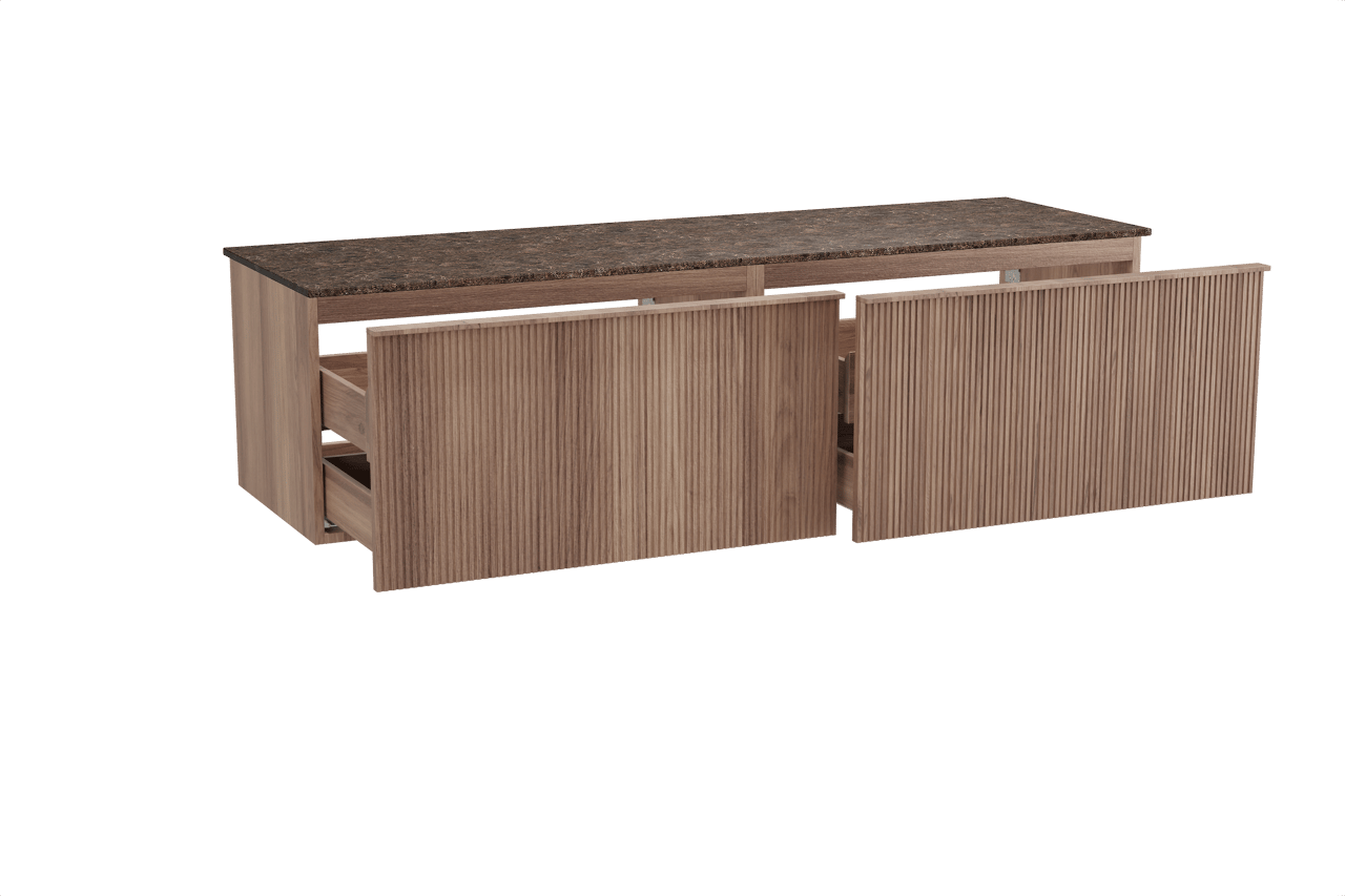 Balmani Forma hängendes Möbelstück Set: 180 x 55 cm, Teak, mit Stretto Einzel- oder Doppel Waschtischplatte, Marmor, Dark Emperador, Vertikale symmetrische gerade Rippe