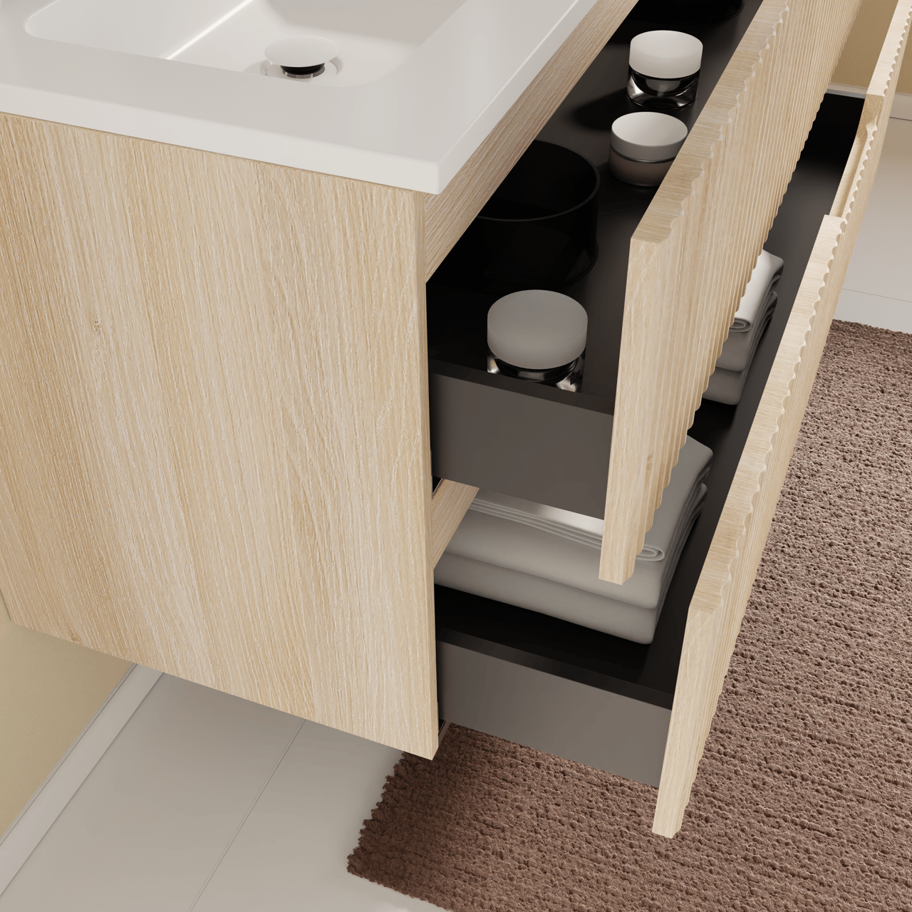 Linie Ribbo meuble salle de bains suspendu 60 x 46 cm chêne clair avec Vano plan simple en marbre composite blanc brillant, Nervure circulaire symétrique verticale