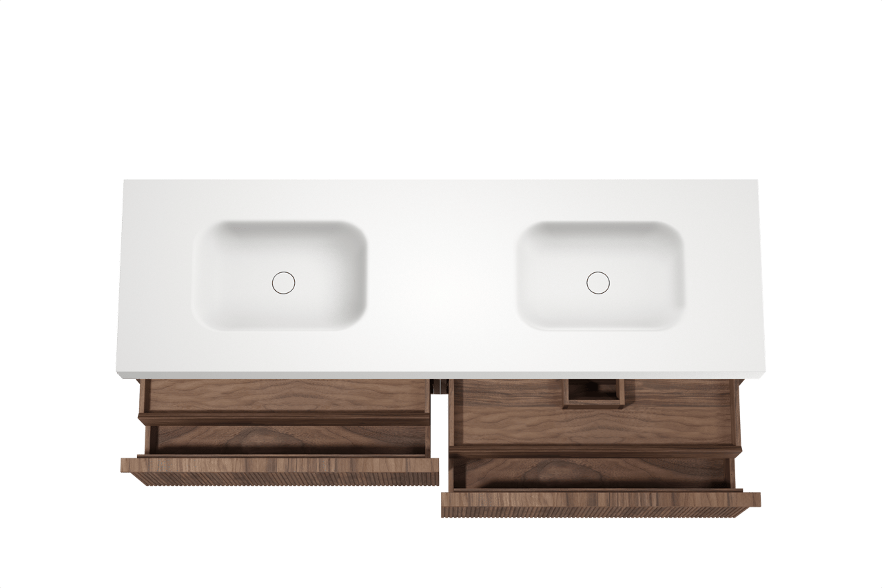 Balmani Forma meuble salle de bains suspendu 180 x 55 cm noyer américain avec Arcato double vasque en solid surface blanc mat, Nervure droite symétrique verticale