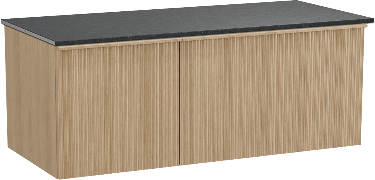 Balmani Forma zwevend badmeubel 120 x 55 cm naturel eiken met Stretto enkel wastafelblad in zwart graniet, Verticale asymmetrische ronde ribbel