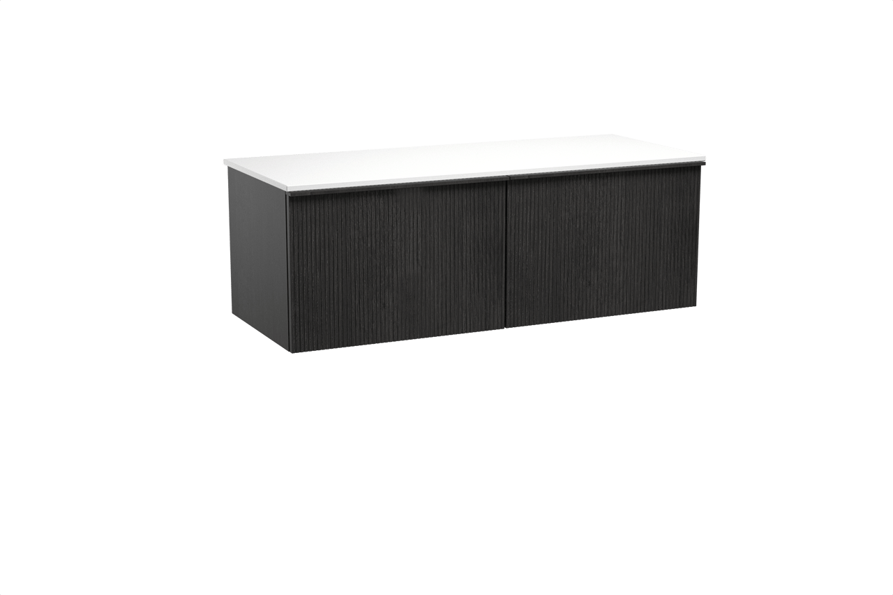 Balmani Forma hängendes Möbelstück Set: 135 x 55 cm, Schwarze Eiche, mit Stretto Einzel- oder Doppel Waschtischplatte, Solid Surface, Weiß matt, Vertikale symmetrische gerade Rippe