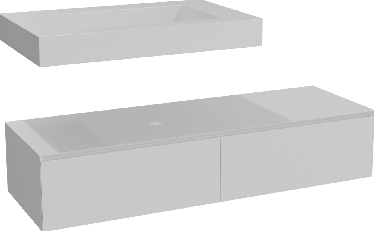 Balmani Mitra Elements hängendes Möbelstück Set: 150 x 55 cm, Weiß matt mit Modus Einzelwaschtisch 90 cm, Solid Surface Weiß matt