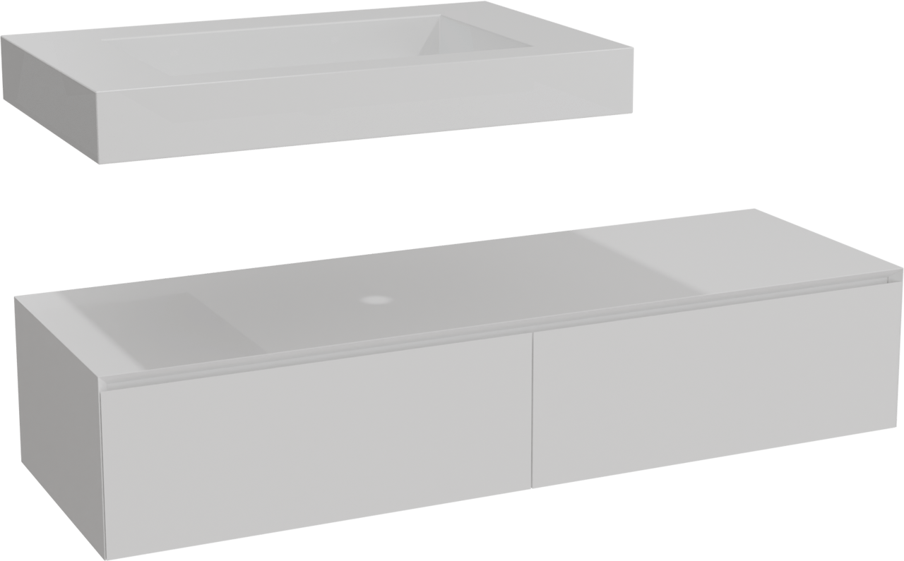 Balmani Mitra Elements hängendes Möbelstück Set: 150 x 55 cm, Weiß matt mit Modus Einzelwaschtisch 90 cm, Solid Surface Weiß matt