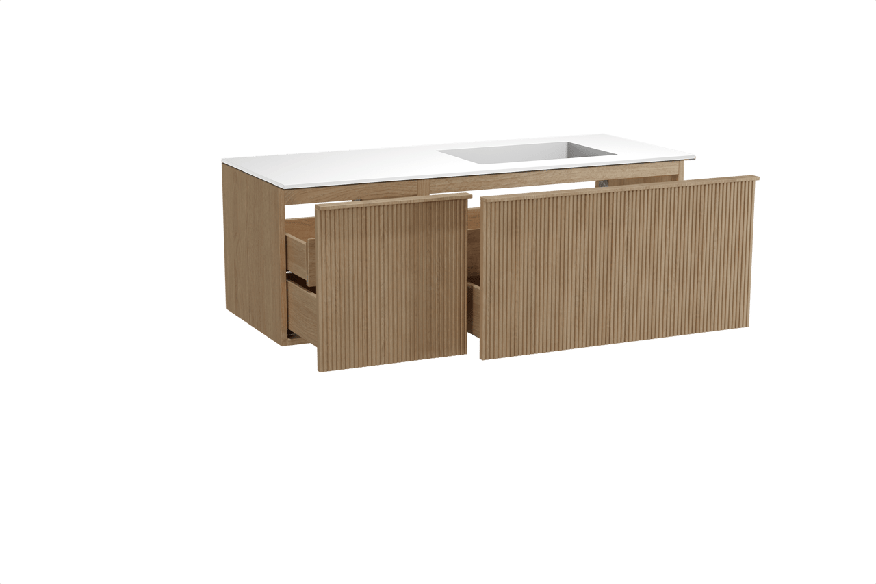 Balmani Forma hängendes Möbelstück Set: 135 x 55 cm, Naturbelassene Eiche, mit Tablo Stretto Waschtisch rechts, Solid Surface, Weiß matt, Vertikale symmetrische gerade Rippe