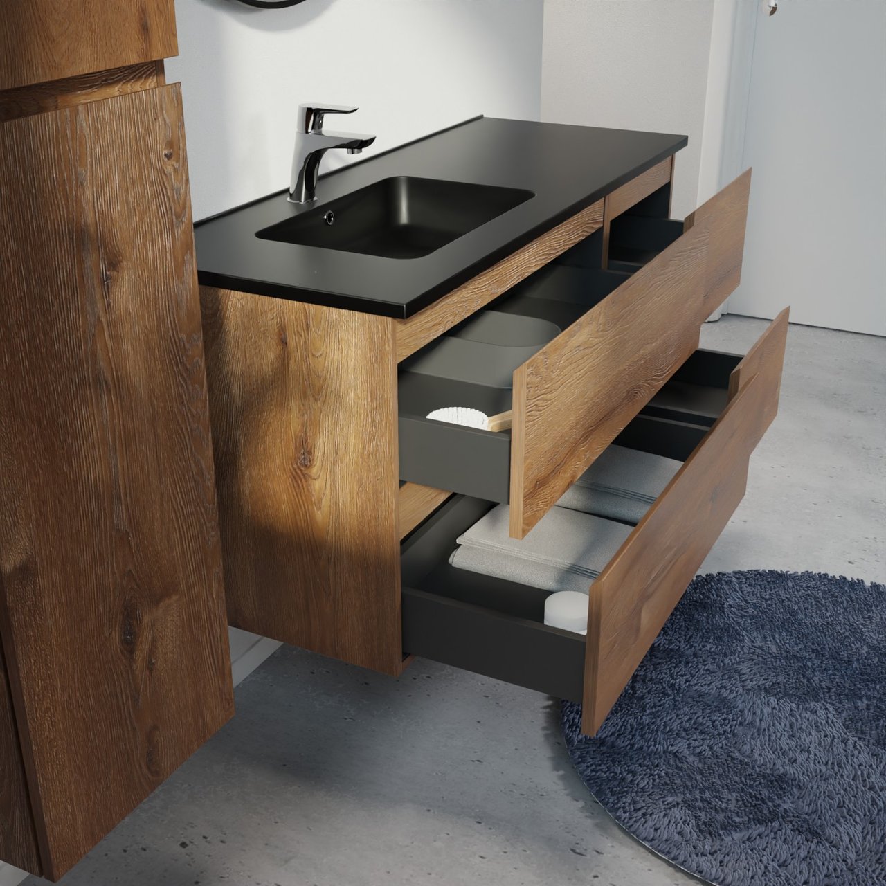 Linie Lado meuble salle de bains suspendu 120 x 46 cm chêne brun avec Vano vasque asymétrique gauche en marbre composite noir mat