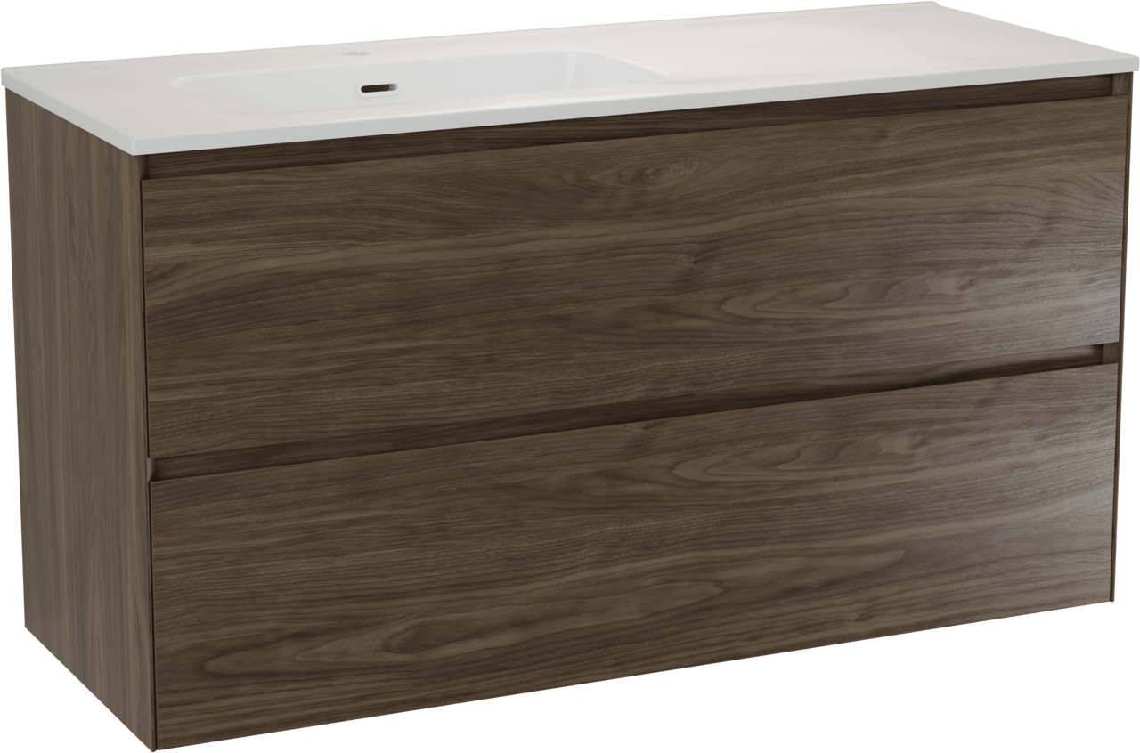 Balmani Mitra Compact zwevend badkamermeubel 120 x 46 cm Amerikaanse notelaar met Nostra asymmetrisch linkse wastafel in porselein glanzend wit