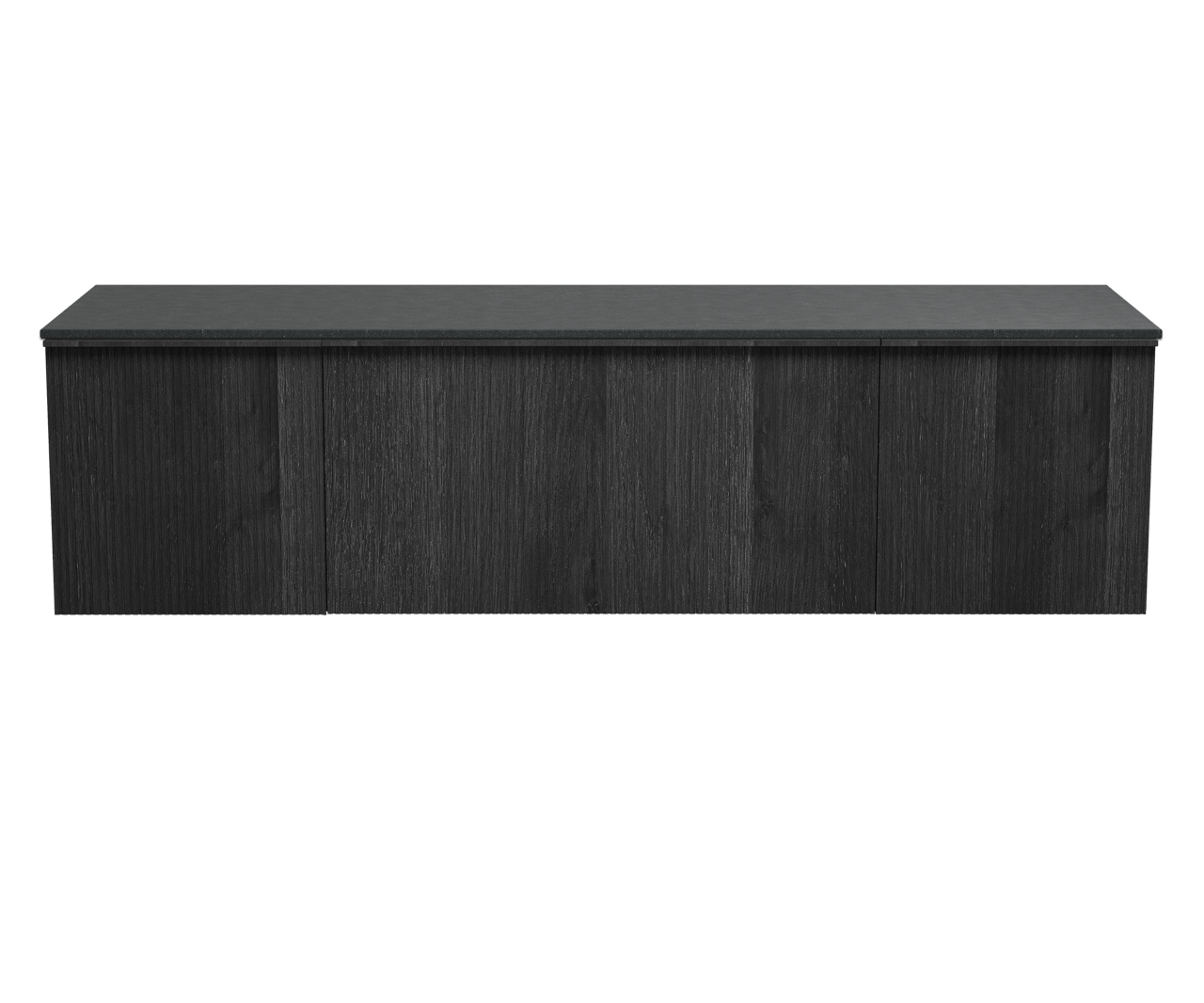 Balmani Forma zwevend badkamermeubel 180 x 55 cm zwarte eik met Stretto enkel of dubbel tablet in graniet zwart, Verticale symmetrische rechte ribbel