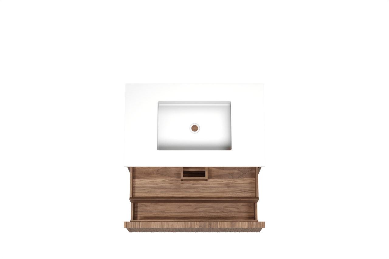 Balmani Forma zwevend badkamermeubel 90 x 55 cm amerikaanse notelaar met Tablo Stretto enkele wastafel in solid surface mat wit, Verticale asymmetrische ronde ribbel