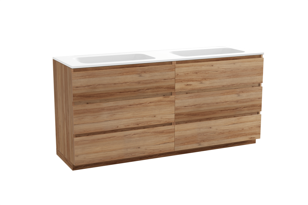 Balmani Lucida staand badkamermeubel 180 x 55 cm teak met Tablo Strada dubbele wastafel in composietmarmer mat wit