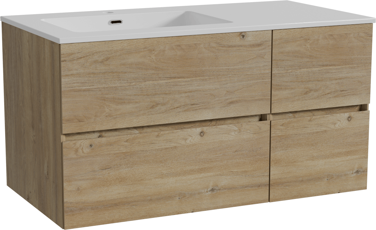 Storke Edge zwevend badmeubel 100 x 52 cm ruw eiken met Diva asymmetrisch linkse wastafel in composietmarmer hoogglans wit