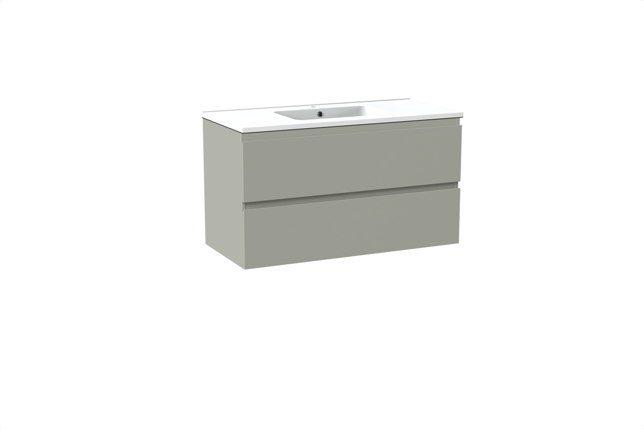 Linie Lado hängendes Möbelstück Set: 100 x 46 cm, Greige, mit Vano Einzelwaschtisch, Marmorkomposit Weiß matt