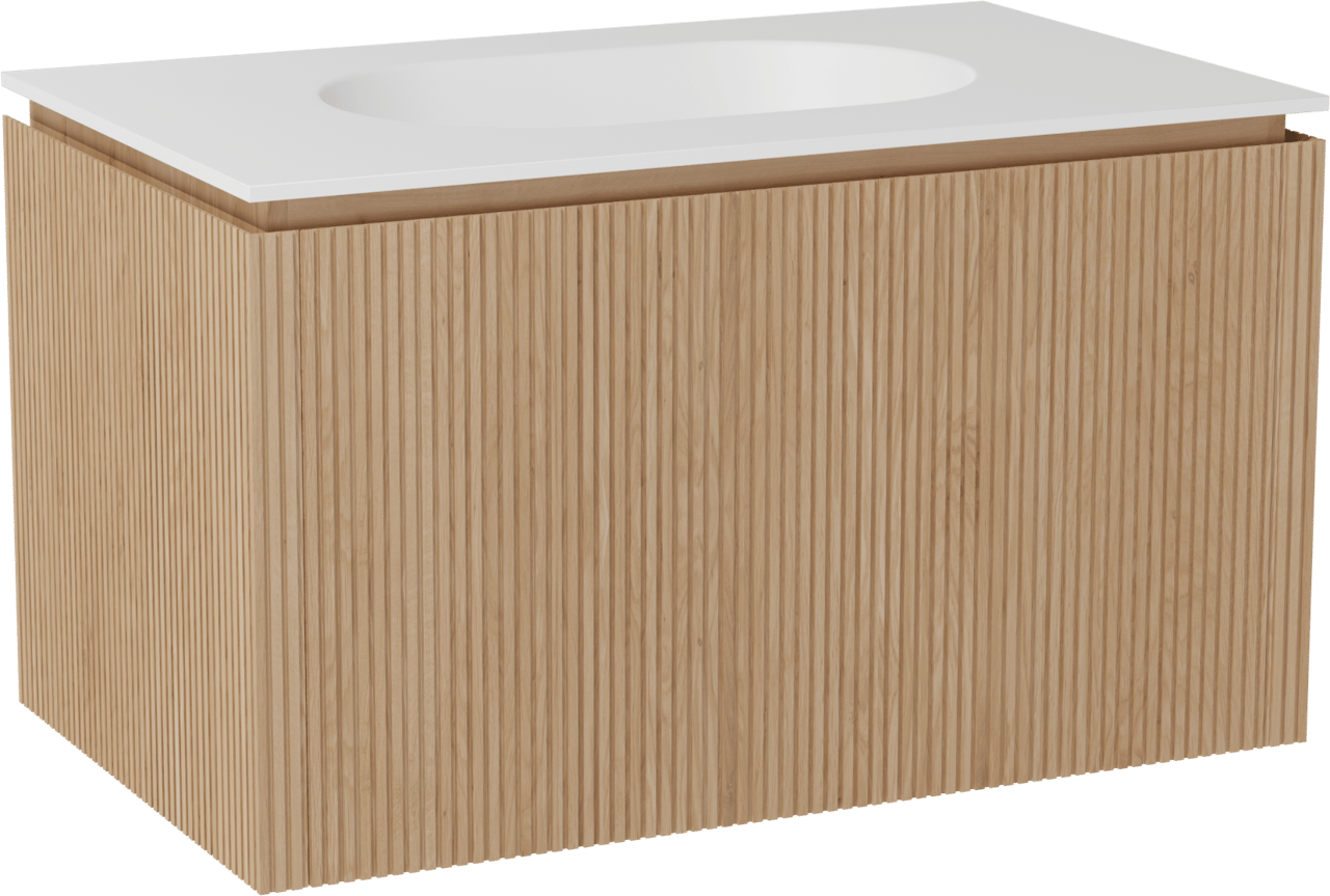 Balmani Eclips meuble salle de bains suspendu 90 x 55 cm Chêne naturelle avec Tablo Oval plan simple en Solid Surface blanc mat, Nervure droite symétrique verticale