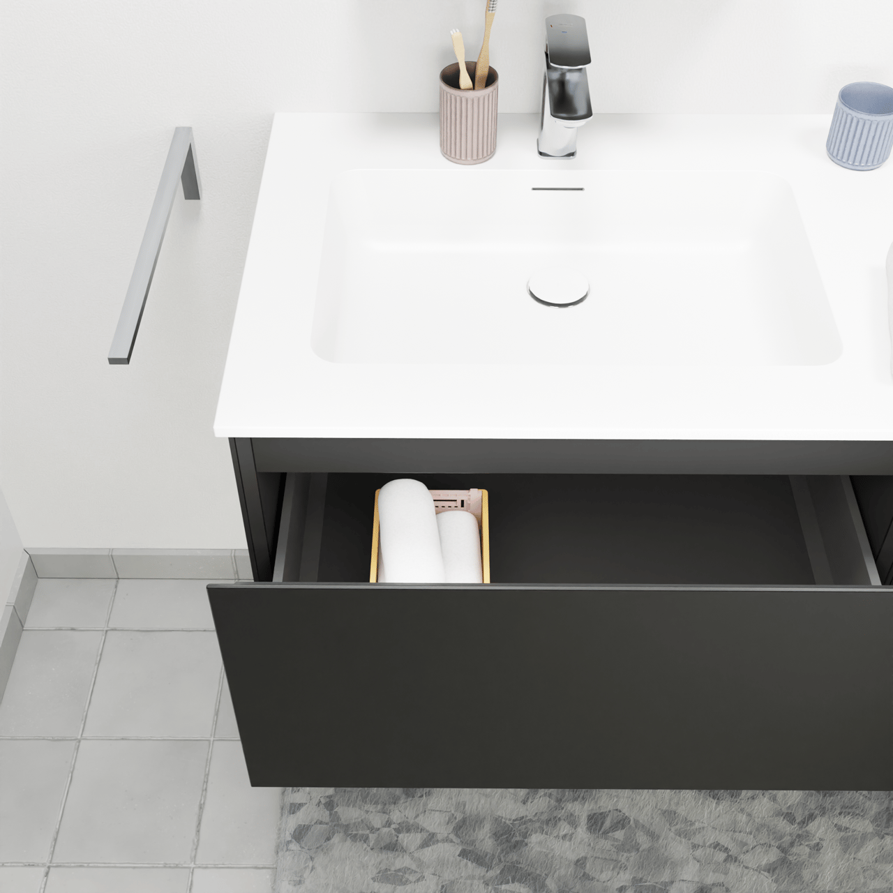 Storke Edge hängendes Möbelstück Set: 120 x 52 cm, Schwarz matt, mit Mata Waschtisch rechts, Solid Surface Weiß matt