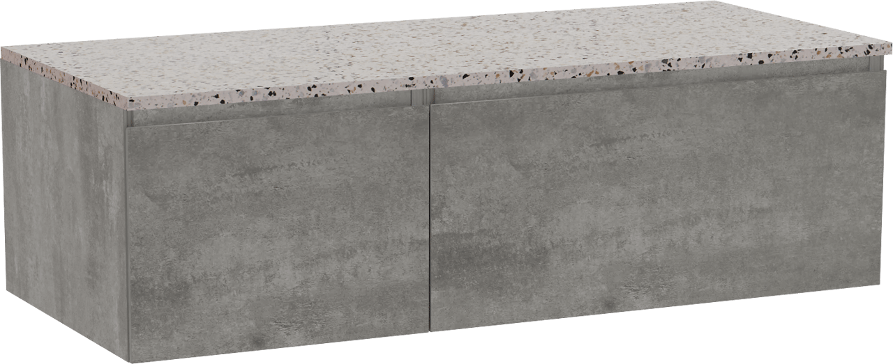 Storke Edge meuble salle de bains suspendu 120 x 52 cm béton gris foncé avec Tavola tablette simple ou double en blanc/noir mat terrazzo