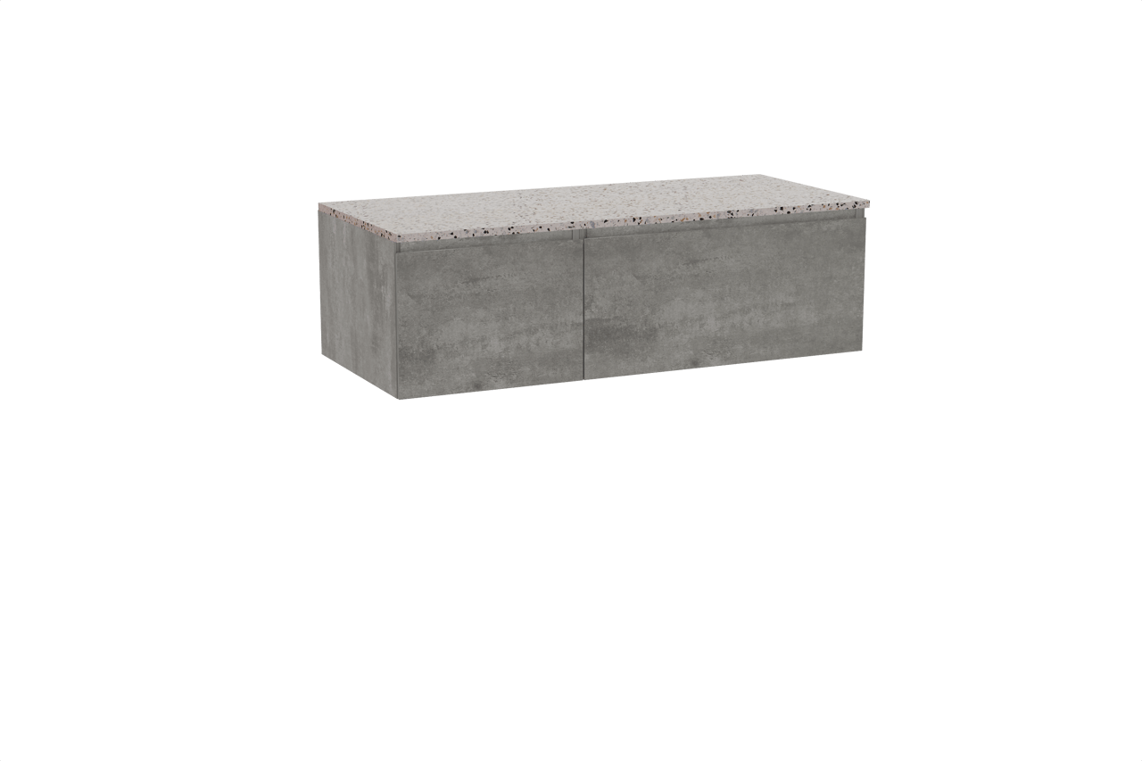 Storke Edge meuble salle de bains suspendu 120 x 52 cm béton gris foncé avec Tavola tablette simple ou double en blanc/noir mat terrazzo