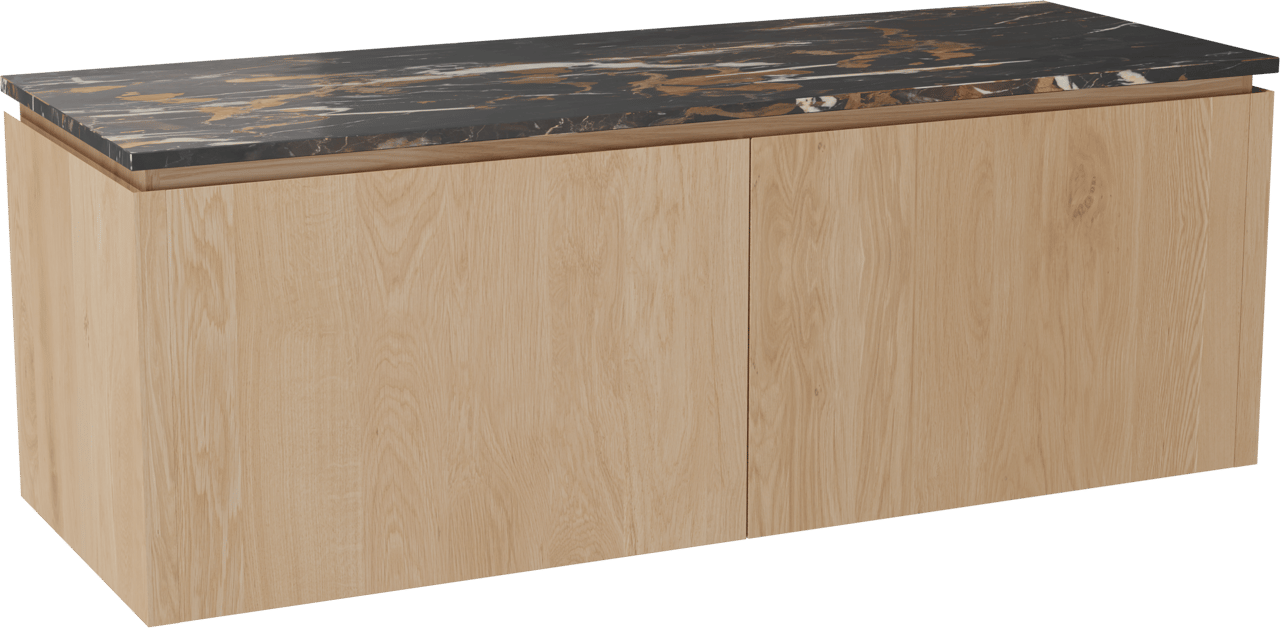 Balmani Eclips hängendes Möbelstück Set: 150 x 55 cm, Eiche Natur, mit Stretto Einzel- oder Doppel Waschtischplatte Portoro Gold Marmor