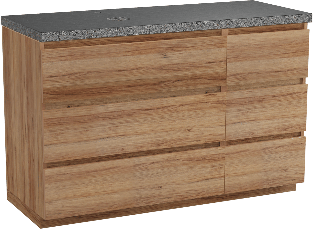 Balmani Lucida freistehendes Möbelstück Set: 135 x 55 cm, Teak, mit Rock Waschtisch links, Schwarzes Granit