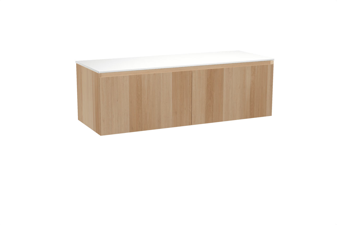 Balmani Idra meuble salle de bains suspendu 150 x 55 cm chêne naturel avec Stretto tablette simple ou double en solid surface blanc mat