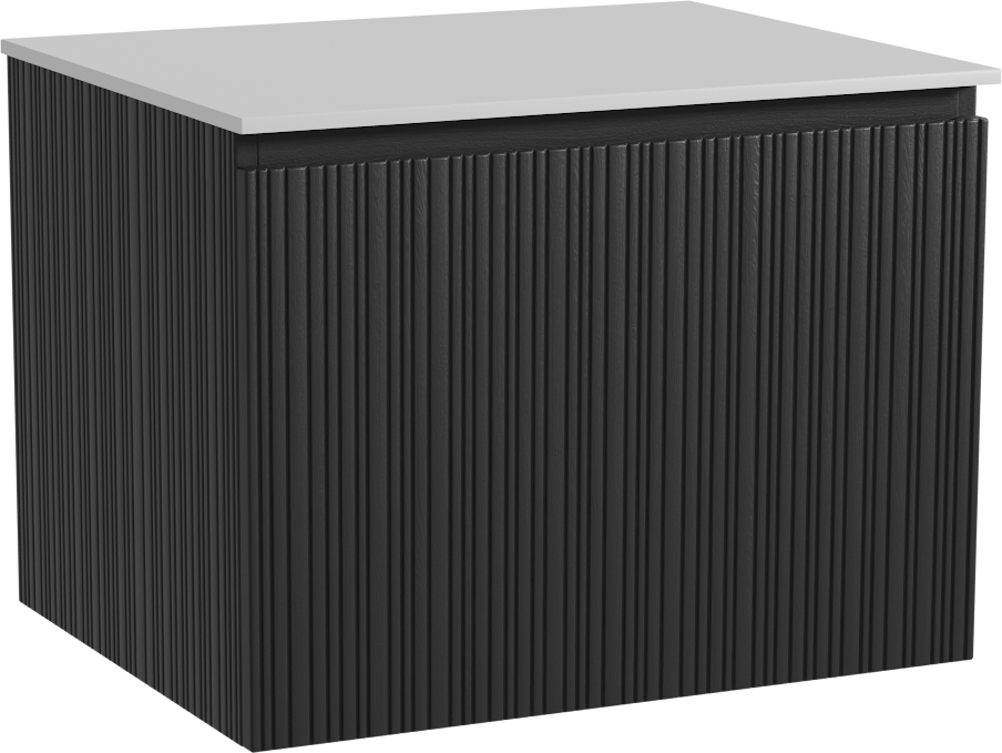 Storke Ribs zwevend badmeubel 65 x 52 cm zwart eiken met Tavola enkel wastafelblad in solid surface mat wit, Verticale asymmetrische rechte ribbel