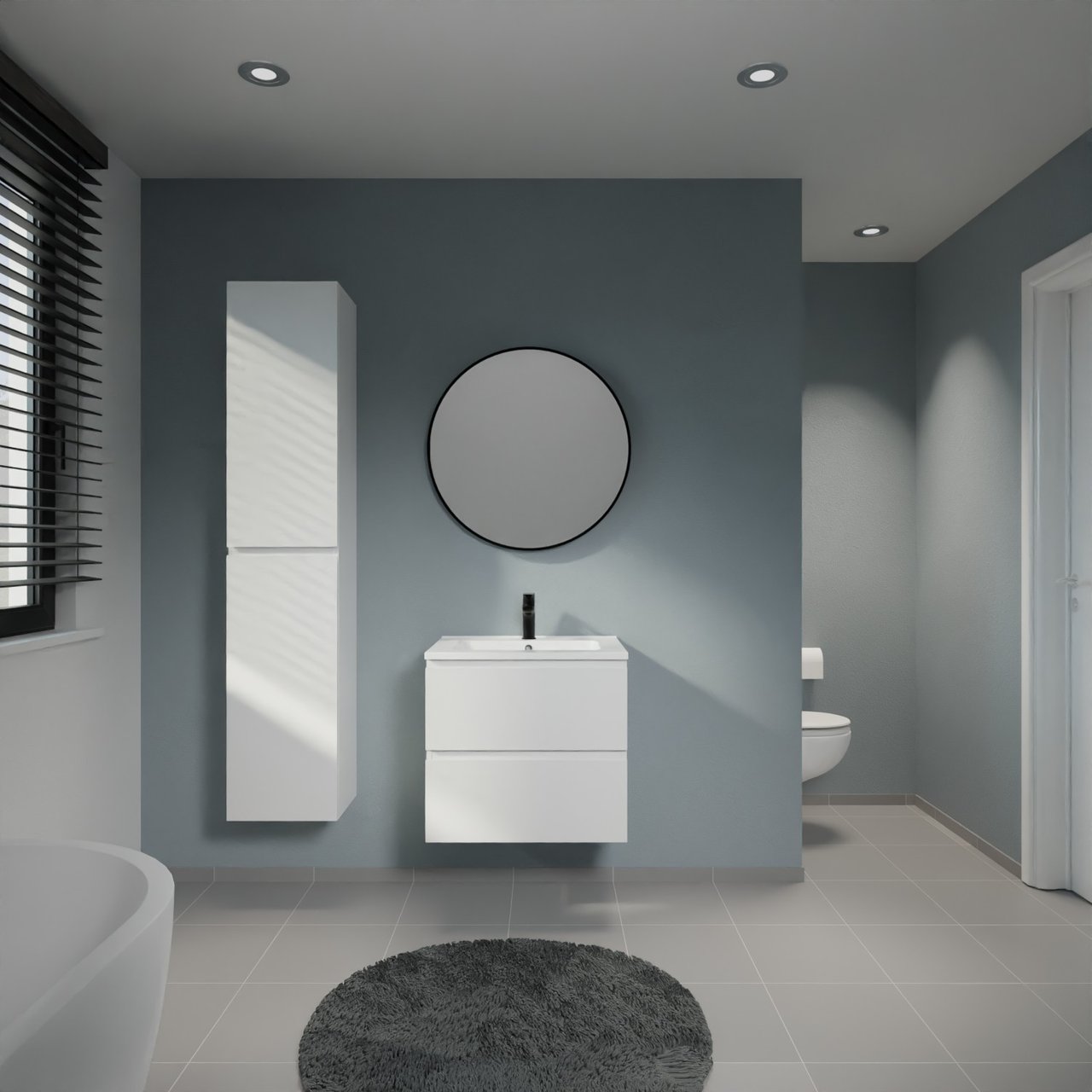 Linie Lado meuble salle de bains suspendu 60 x 46 cm blanc mat avec Vano plan simple en marbre composite blanc brillant