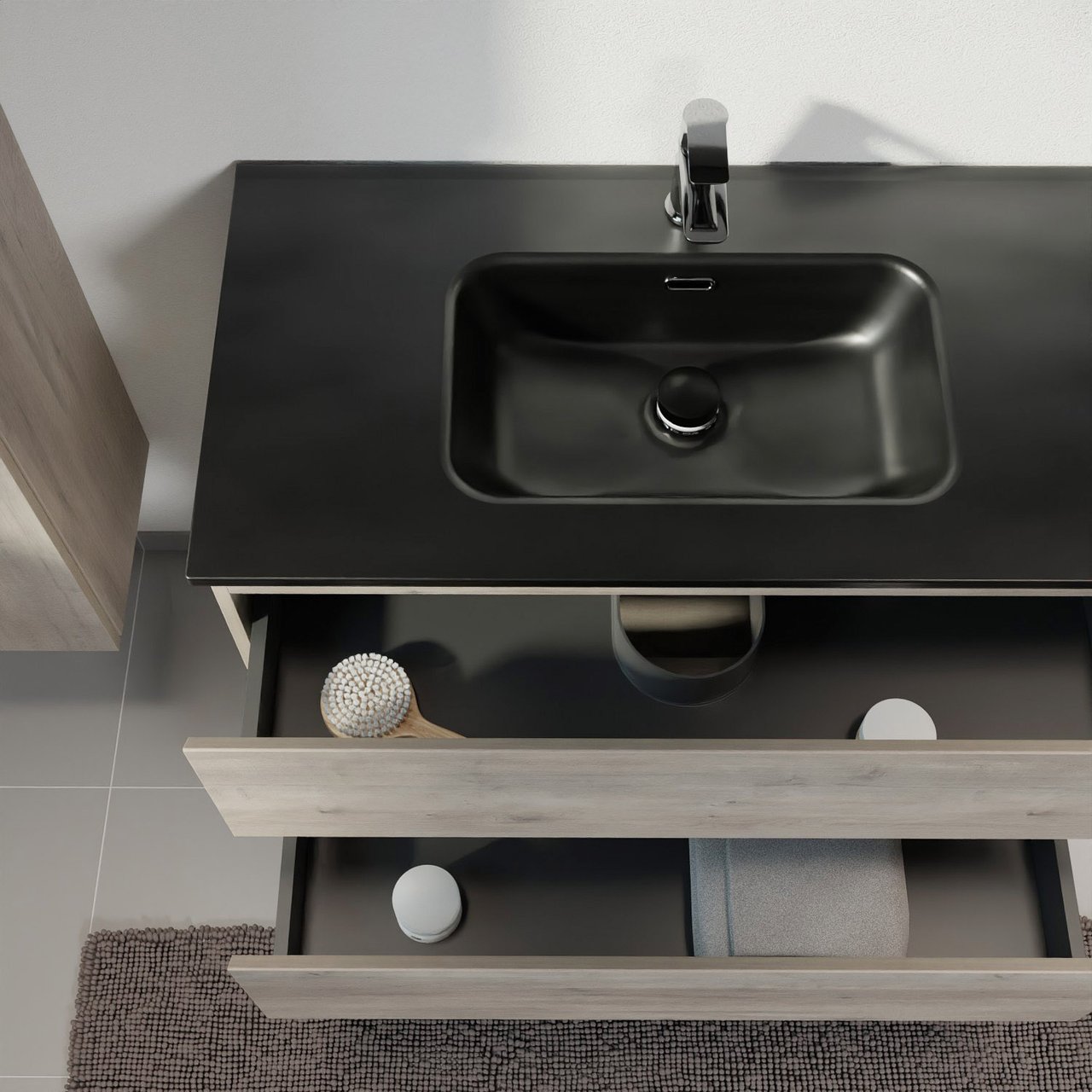 Linie Lado hängendes Möbelstück Set: 80 x 46 cm, Graue Eiche, mit Baro Einzelwaschtisch, Porzellan Schwarz matt