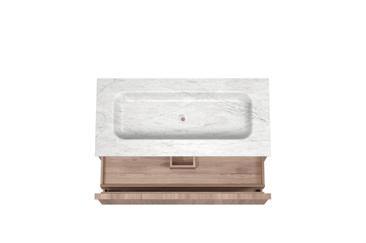 Balmani Forma zwevend badkamermeubel 120 x 55 cm teak met Tablo Arcato enkele wastafel in marmer carrara, Verticale symmetrische rechte ribbel