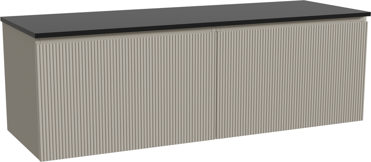 Storke Ribs zwevend badmeubel 150 x 52 cm zijdegrijs met Panton enkel of dubbel wastafelblad in gepoedercoate mdf mat zwart, Verticale symmetrische rechte ribbel