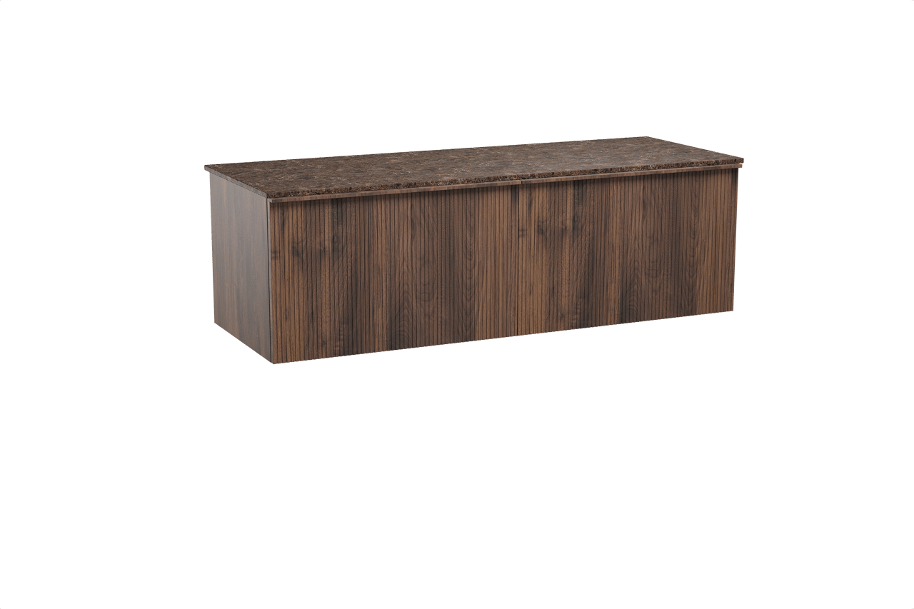 Balmani Forma hängendes Möbelstück Set: 150 x 55 cm, Amerikanischer Nussbaum, mit Stretto Einzel- oder Doppel Waschtischplatte, Marmor, Dark Emperador, Vertikale symmetrische gerade Rippe