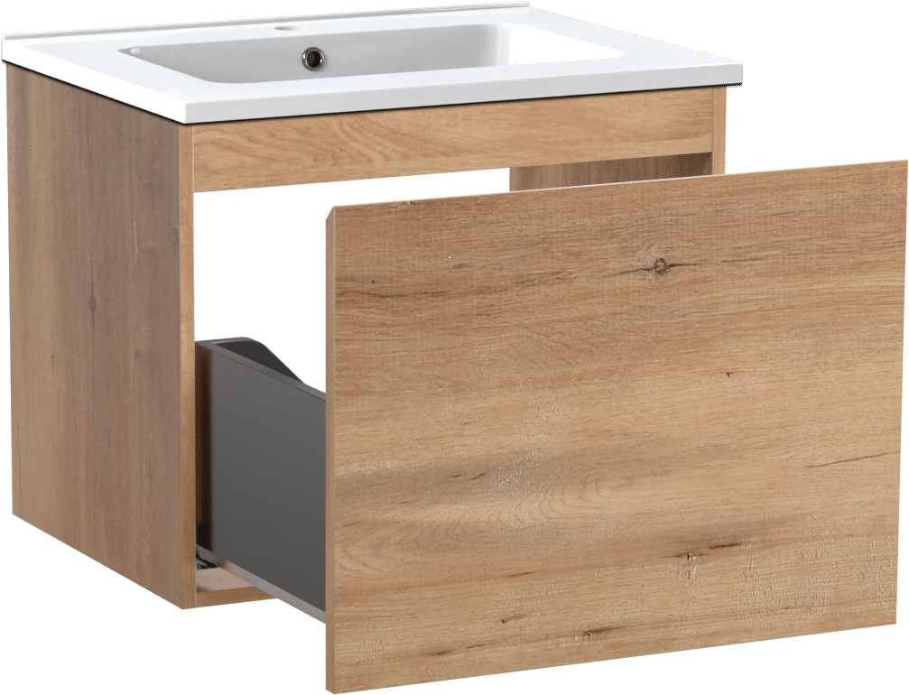 Linie Lado zwevend badmeubel 60 x 46 cm naturel eiken met Vano enkele wastafel in composietmarmer hoogglans wit