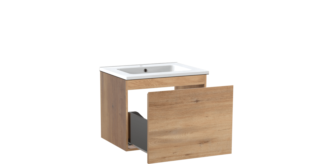 Linie Lado hängendes Möbelstück Set: 60 x 46 cm, Naturbelassene Eiche, mit Vano Einzelwaschtisch, Marmorkomposit Weiß glänzend