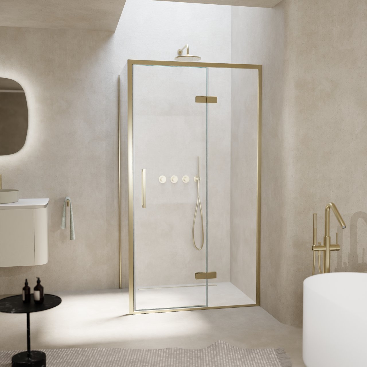 Balmani Senses Design Eckdusche: Drehtür (Rechts) mit fixierte Seitenwand, 100 x 70 cm, Klarglas, Profil Brushed Champagner Gold, inklusive Coating