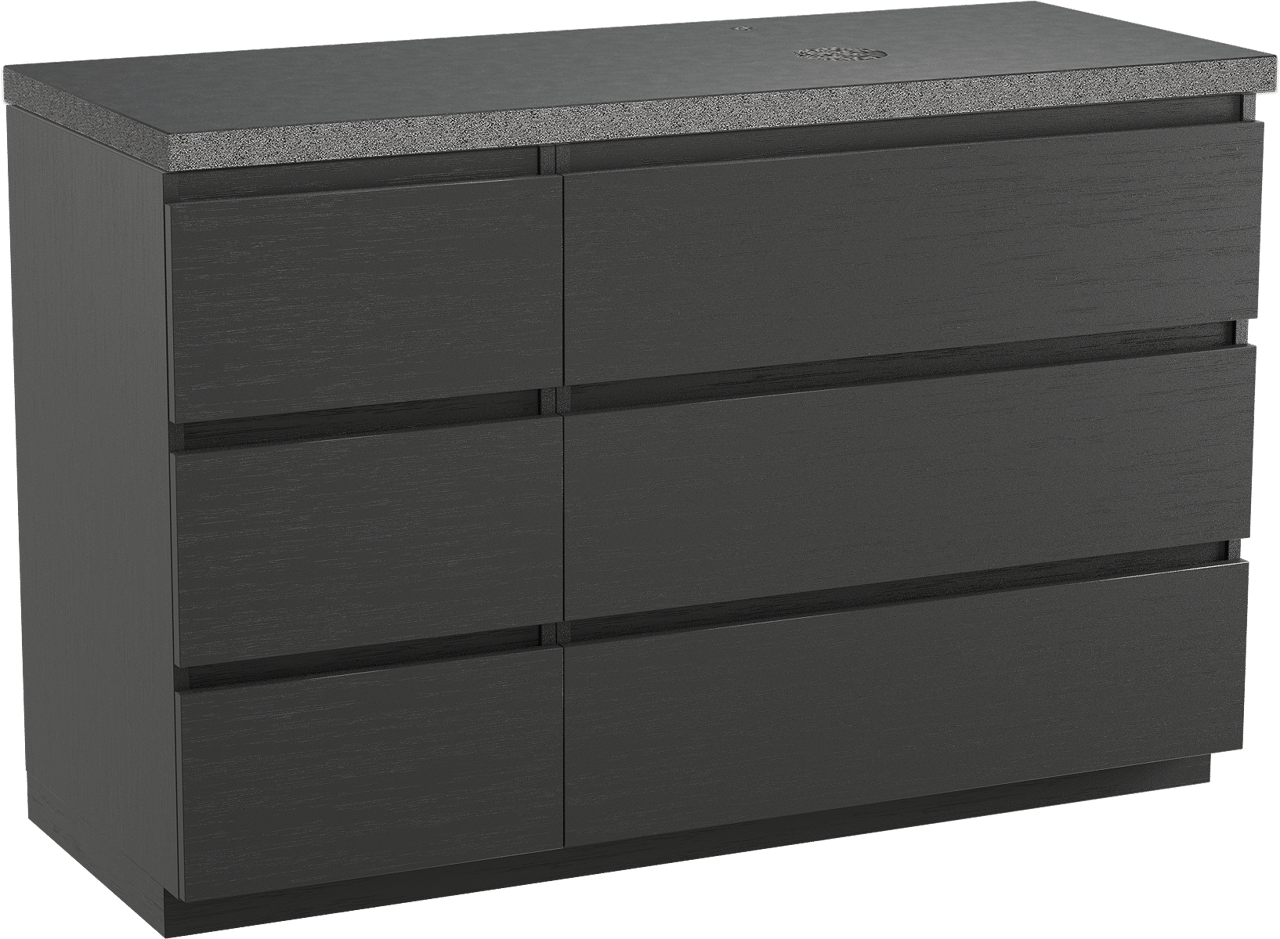 Balmani Lucida staand badmeubel 135 x 55 cm zwart eiken met Rock asymmetrisch rechtse wastafel in zwart graniet