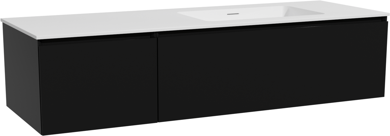 Storke Edge zwevend badmeubel 150 x 52 cm mat zwart met Mata asymmetrisch rechtse wastafel in solid surface mat wit