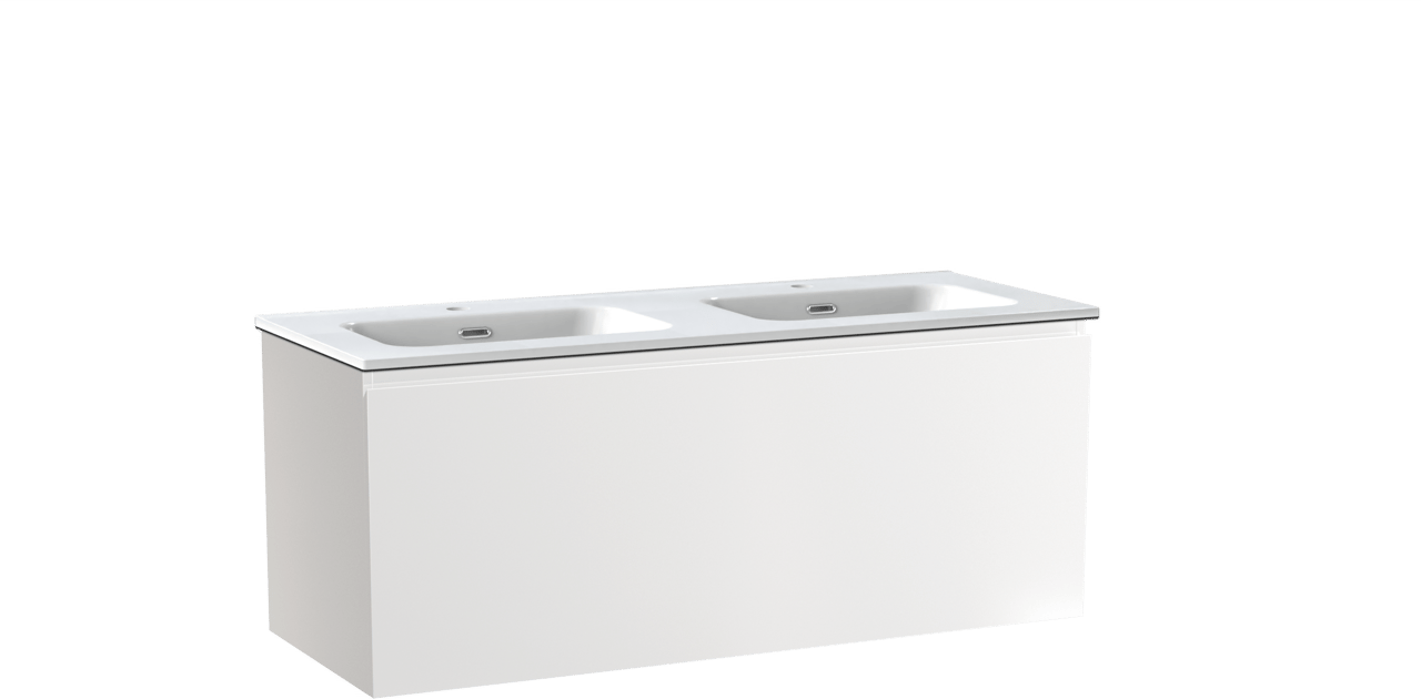 Linie Lado meuble salle de bains suspendu 120 x 46 cm blanc brillant avec Baro double vasque en porcelaine blanc brillant