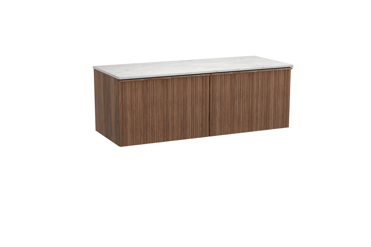 Balmani Forma meuble salle de bains suspendu 135 x 55 cm noyer américain avec Stretto tablette simple ou double en marbre carrare, Nervure circulaire asymétrique verticale