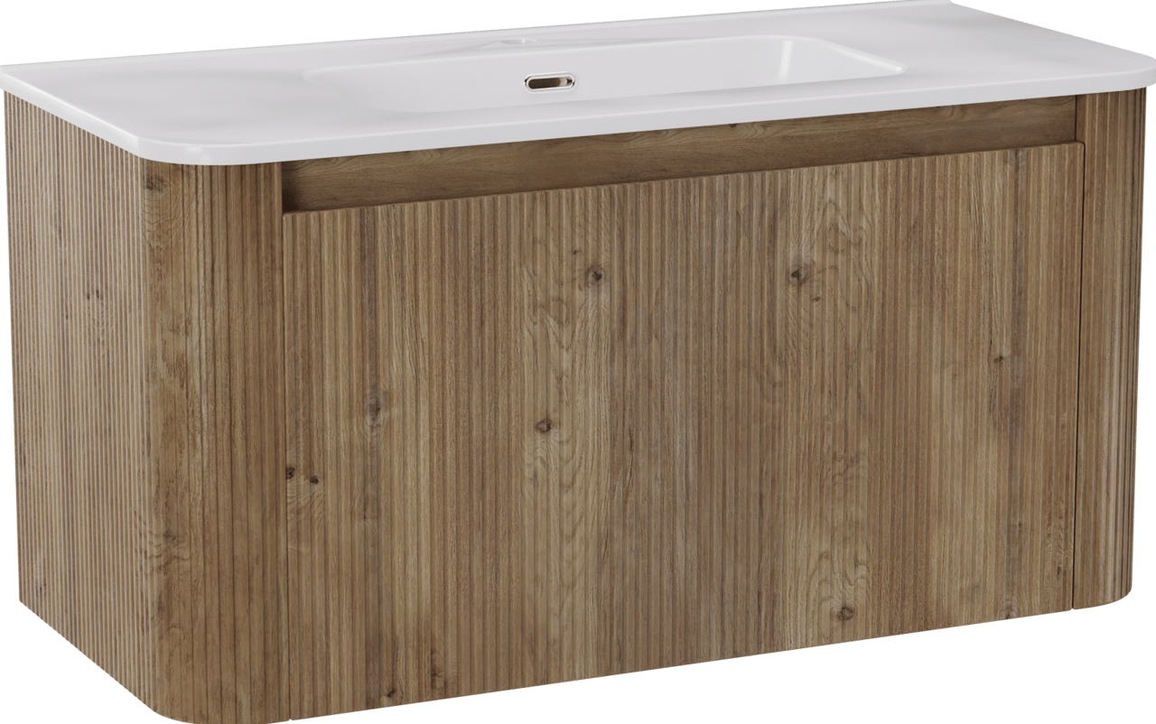 Storke Soft hängendes Möbelstück Set: 100 x 46 cm, Eiche rau, mit Kera Soft Einzelwaschtisch Keramik Weiβ glänzend, Vertikale symmetrische gerade Rippe