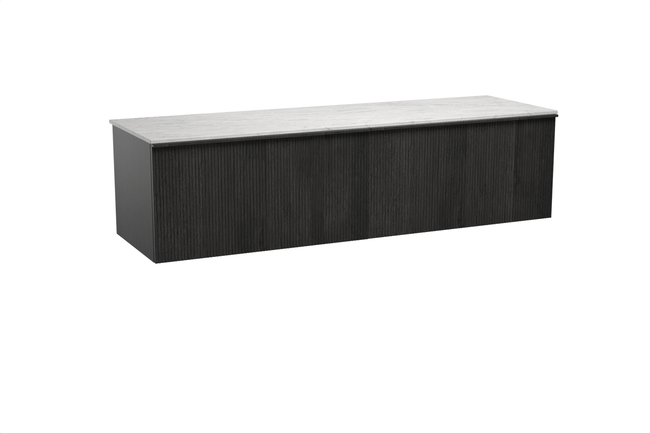 Balmani Forma hängendes Möbelstück Set: 180 x 55 cm, Schwarze Eiche, mit Stretto Einzel- oder Doppel Waschtischplatte, Marmor, Carrara, Vertikale symmetrische gerade Rippe