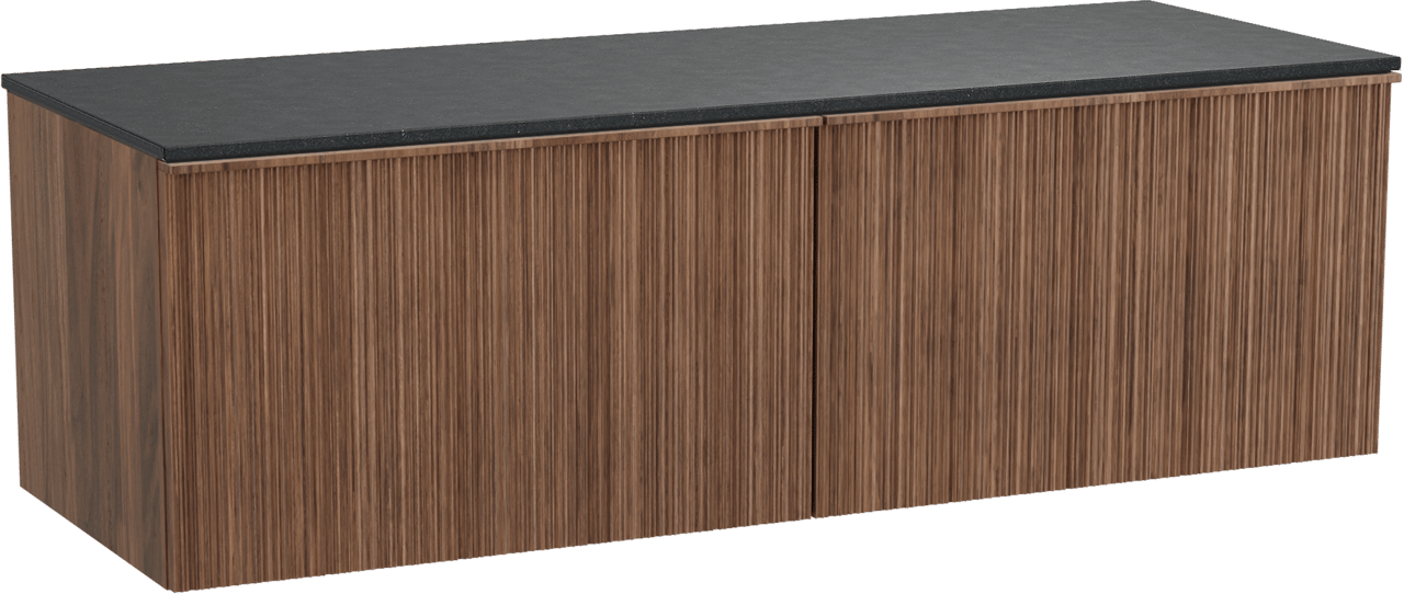 Balmani Forma zwevend badmeubel 150 x 55 cm amerikaans notenhout met Stretto enkel of dubbel wastafelblad in zwart graniet, Verticale asymmetrische ronde ribbel