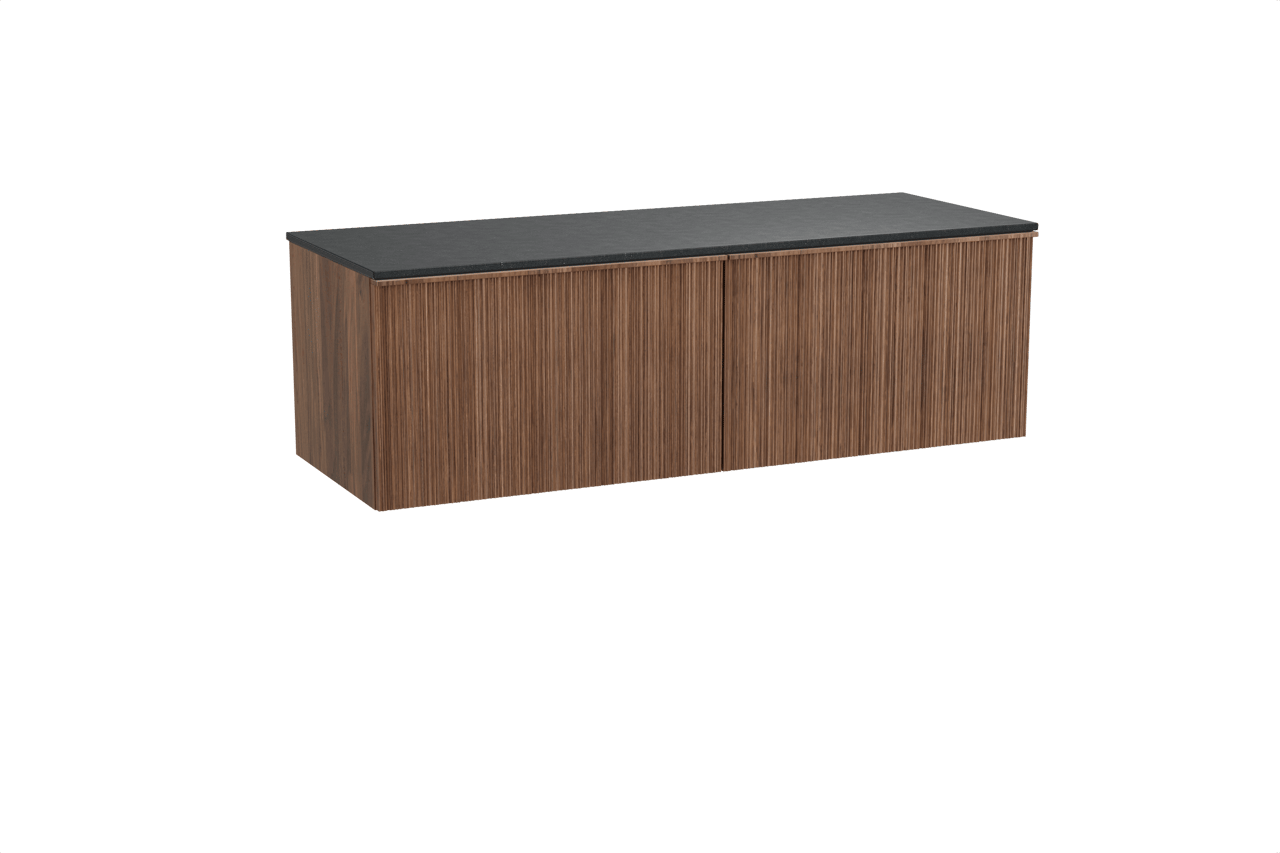 Balmani Forma zwevend badkamermeubel 150 x 55 cm amerikaanse notelaar met Stretto enkel of dubbel tablet in graniet zwart, Verticale asymmetrische ronde ribbel